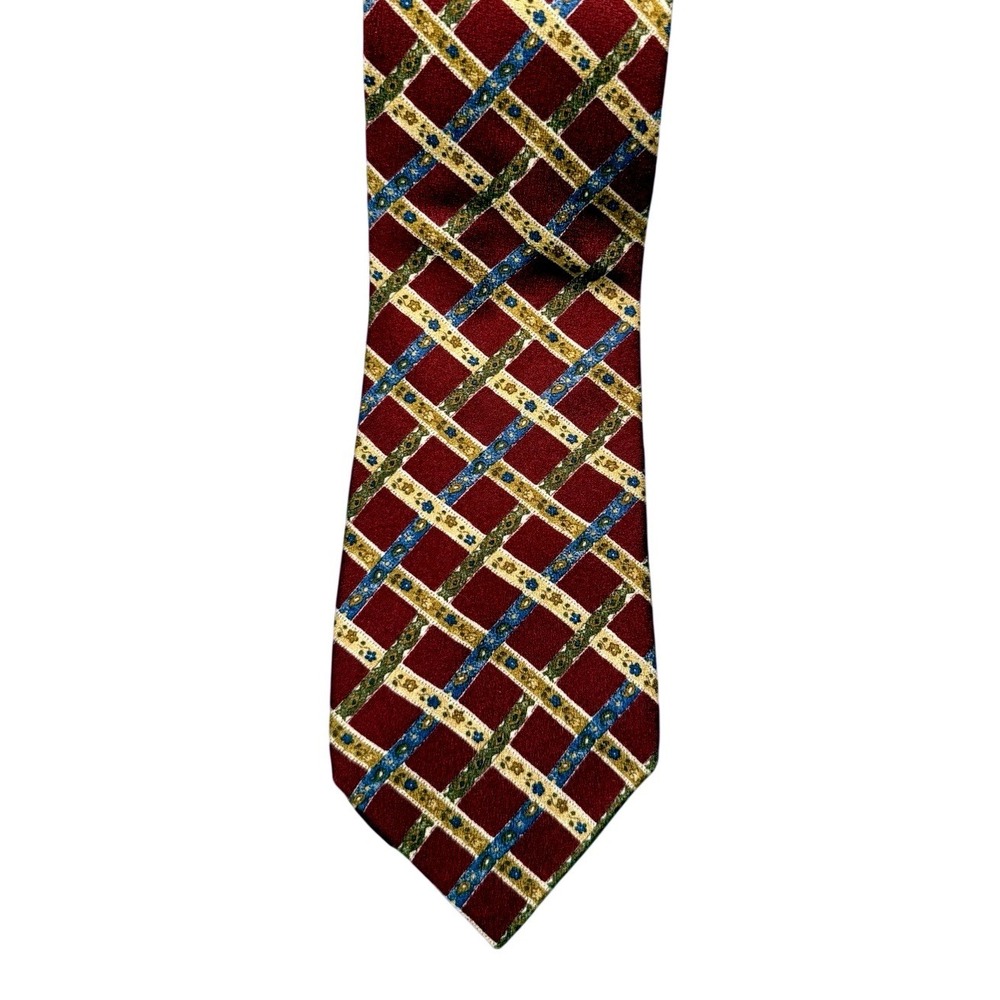 Tom James Men's Silk Tie‎ Striped Red/Blue/Gold Floral Accents Made In USA